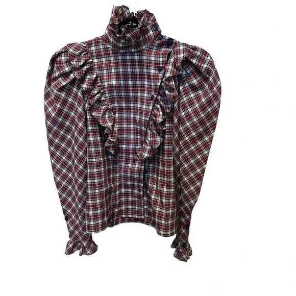 Diane Gilman For Cabai Women's Plaid Tartan Ruffle High‎ Neck Blouse Size 7/8 - Picture 1 of 6